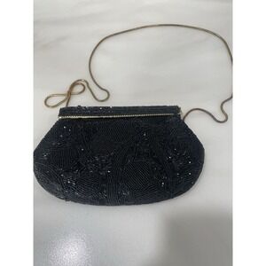 Vintage 30's Black Beaded Embellished Clutch Purse Chain Strap Gatsby Flapper‎